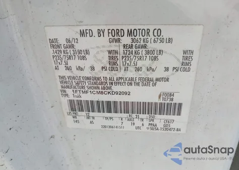 2012 Ford F-150 Xl из США, поврежденный, VIN 1FTMF1CM8CKD92092